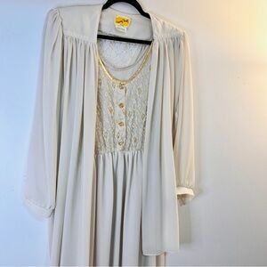 Vintage Cream Lace & Gold Button Dress w/ Sheer Overlay Made in Canada